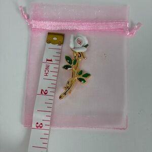 White Rose Floral Brooch Gold Tone Green Crystal Leaves